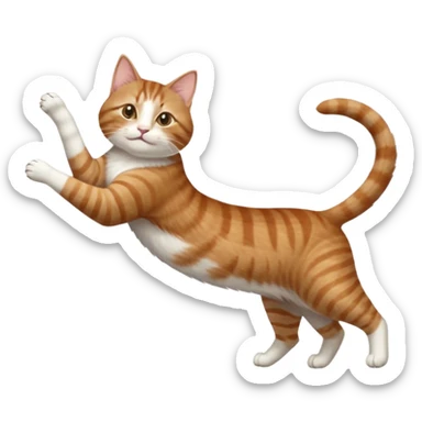brown tabby and white cat with doing a big extremely long stretch reaching up into the air with arms and legs side by side together straight and overextended whilst lying on its side sticker