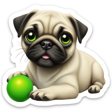 Hyper Realistic Happy Baby pug with green eyes playing with a green ball sticker