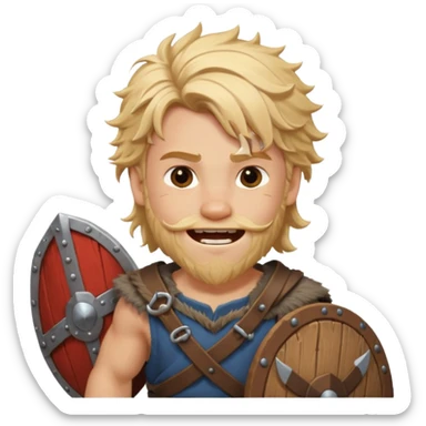 A young Viking warrior with messy blond hair, wooden shield, and fierce excited grin.
 sticker