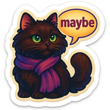 Fluffy dark-brown cat with green eyes and a purple scarf saying ‘maybe’ (with a speech bubble) sticker