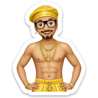 Ali G with yellow sequin baggy pants, shirtless with necklace sticker