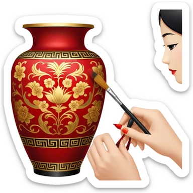 Chinese metal painting icon, process of painting Chinese patterns on a metal vase, visible fine paintbrush in hand, intricate brushstrokes with vibrant red, gold, and black colors, metal surface with detailed designs in progress, minimalistic style, clean lines, transparent background. sticker