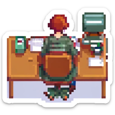 student sitting at a desk sticker