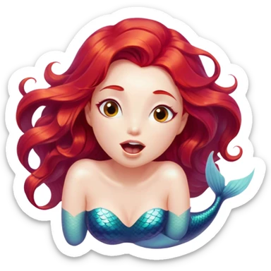 Cinematic Realistic Red Hair Mermaid Portrait, head tilted slightly with a dramatic, wide-open yawn, revealing a tender, relaxed visage with delicately detailed porcelain skin and vibrant, cascading red hair softly billowing around her. Her dreamy eyes exude a serene, aquatic charm, rendered with gentle underwater lighting and high shine—capturing the essence of a drowsy yet mesmerizing mermaid drifting into a tranquil slumber beneath the sea. sticker