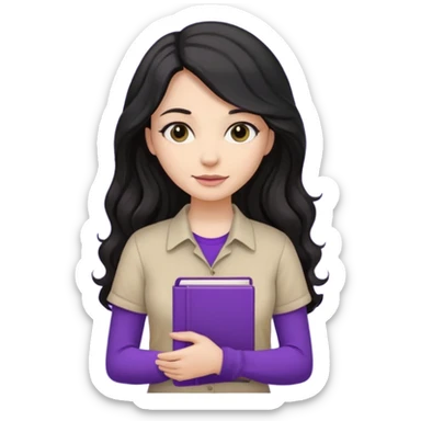 Long Hair Women with Black wavy hair, with purple Book, beige shir, without background sticker