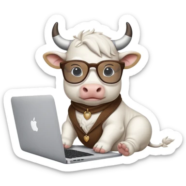 baby white bull in fancy glasses sitting in front of a macbook, working  sticker