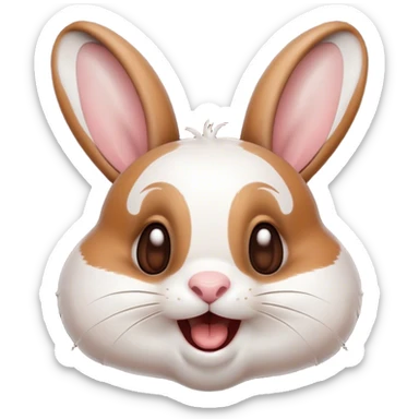 Cinematic Comical White and Brown Rabbit Portrait Emoji, Head tilted dramatically with an exaggeratedly amused expression, featuring a striking fur with a playful mix of white and brown patches, wide, expressive eyes filled with playful disbelief, Simplified yet hilariously expressive features, highly detailed, glowing with a slightly sassy glow, high shine, dramatic yet playful, stylized with an air of cheeky mischief, bright and endearing, soft glowing outline, capturing the essence of a spirited and over-the-top bunny, so meme-worthy it feels like it could side-eye its way into internet fame instantly! sticker