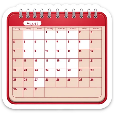 a monthly calendar labeled “August,” with rounded square date boxes, scalloped border frame, playful red doodle lines, and a cozy planner vibe. Minimal kawaii style, flat pastel color palette, slightly imperfect sketch lines, centered object, no background sticker