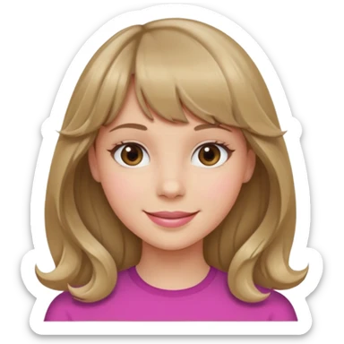 A girl with wavy, dark blonde hair, straight bangs, and straight eyes. She is smiling. sticker
