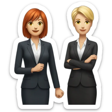 Middleaged, redhaired female CEO with bangs holding hands with middleaged, female blond CEO smoking sticker