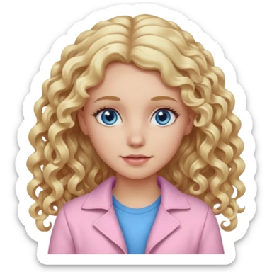 A white girl with long blonde curly hair and  eyes wearing light pink sticker