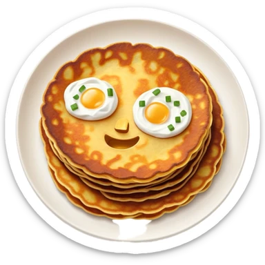 Cinematic Realistic Placki Ziemniaczane Dish Emoji, depicted as crispy potato pancakes served with sour cream rendered with vivid textures and warm, appetizing lighting. sticker