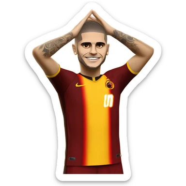  Create an emoji character of Mauro Icardi, wearing a Galatasaray FC football kit. The character is celebrating a goal with his classic pose, hands behind his ears. He has a confident and playful expression, capturing Icardi’s trademark celebration. The Galatasaray kit is yellow and red, with the team’s logo on the chest. The design should be cartoonish and bold, with vivid colors, making the character dynamic and full of energy. The background should be simple, focusing on Icardi's celebration. sticker