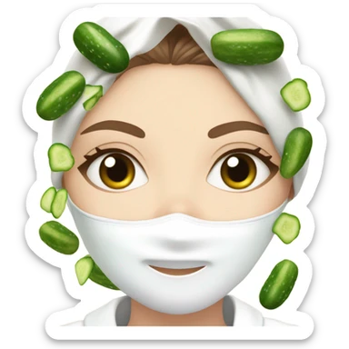 White girl with Brown hair and blue eyes wears a Green skincare textured mask and puts on cucumbers around her eyes while She relaxes in her white Robe sticker
