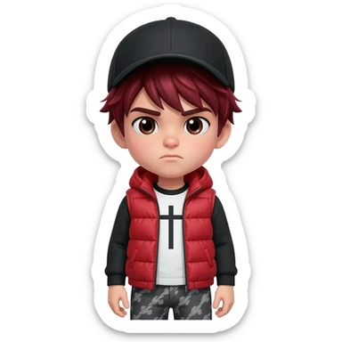 Cool Roblox boy avatar emoji, messy dark red hair, black cap, serious expression, red puffer vest, black long sleeves, white shirt with black cross design, gray patterned pants, stylish gamer vibe, 3D cartoon style, cute gaming emoji, bright lighting sticker