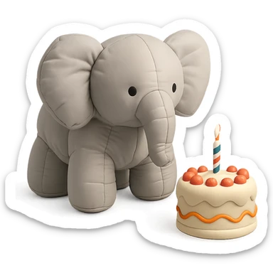 elephant beside one colorful candle-lit fruit cake, cushion style sticker