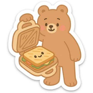 soft pastel style fluffy bear sandwich maker opening with a cute sandwich inside, creamy brown, full-body sticker