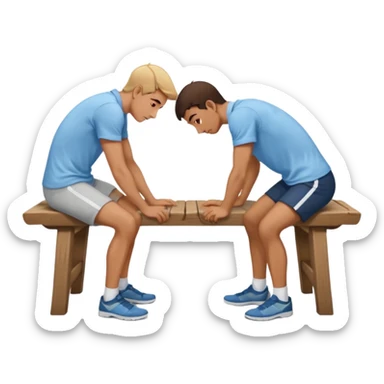 A man bent over a bench and andother man behind him sticker