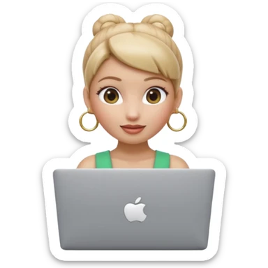 3D Apple Memoji–style emoji, female character with high bun and hoop earrings, peeking over a silver laptop, soft lighting, smooth plastic texture, transparent PNG, 4K. sticker