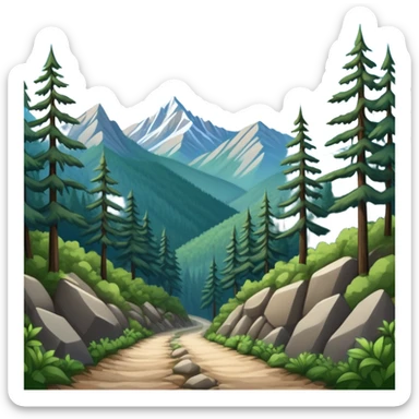 a forest trail or rocky mountain road. The background shows dense trees, steep slopes, and distant peaks under a clear blue sky. sticker