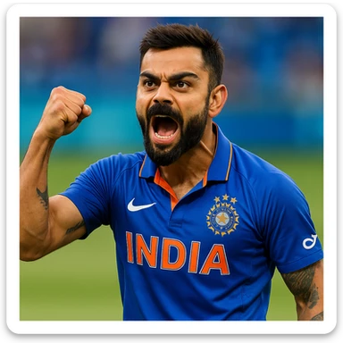 Virat Kohli, Indian cricketer, energetic pose, short beard, cricket jersey, expressive face, iconic hairstyle, sports background, vibrant colors sticker
