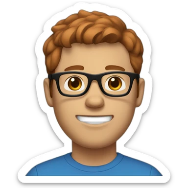 Slightly husky guy with reddish-brown hair and black glasses in a blue t shirt  sticker