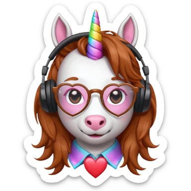 headphone wearing unicorn with dark ginger hair and heart shaped spectacles sticker