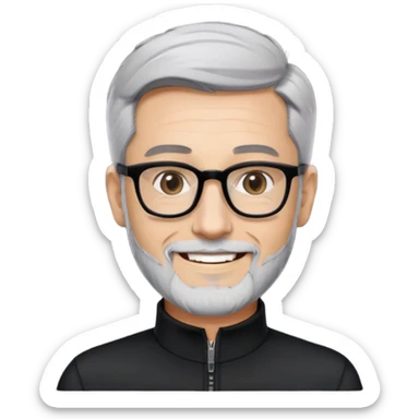 Man with light skin, short black hair styled up, short graying beard, large black-framed glasses, smiling face, black long sleeve mock neck shirt with zip sticker