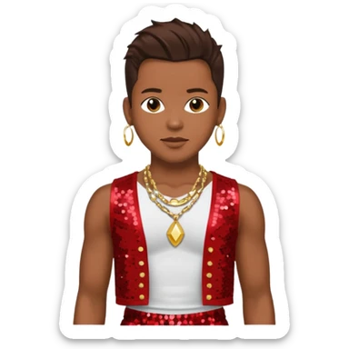 Bobby Brown with dark brown hair, red sequin bolero crop top, red sequin harem pants, shirtless with necklace sticker