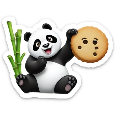 A panda waving hand with a cookie in the waving hand and bamboo in the other sticker