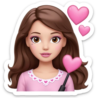 Barbie girl and  makeup , brown long straight wavy hair and brown eyes is In pale pink clothes There are pink hearts all around sticker