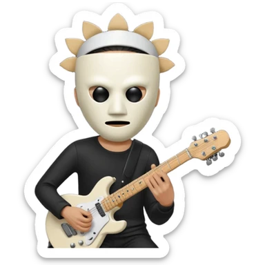 guitarist wearing a white bucket on his head, with two eye holes, a blank expression, and a small theatrical mask on the bucket. He’s holding an electric guitar, dressed in a simple black outfit, giving off a mysterious but playful rock legend vibe, kfc bucket on his head sticker