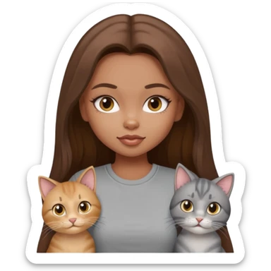 a pretty bratz dusky girl with long brown hair with four cats nd wearing a grey tshirt sticker