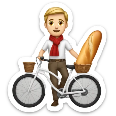 white parisian white man with a stripped white shirt, on a bike, wearing a red scarf and holding a baguette sticker