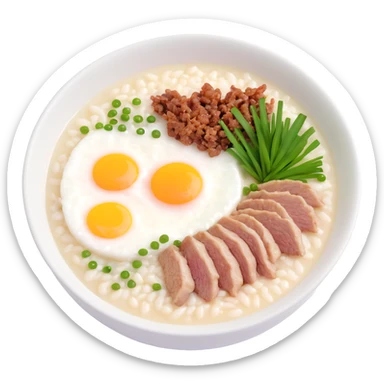 bowl of Asian rice porridge (congee) with steam, simple round bowl, topped with halved soft-boiled egg, minced pork, chopped green onions, cilantro, crispy fried garlic, smooth colorful clean minimal cute sticker