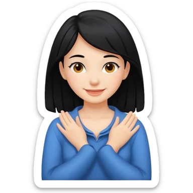 girl with black hair smiling while having her  hands around her neck sticker