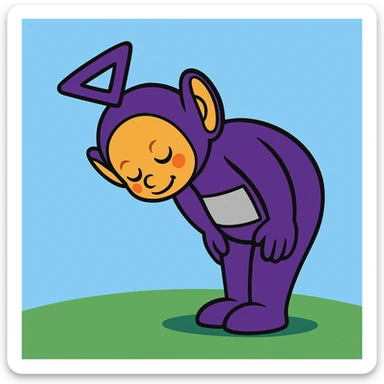 Tinky Winky from Teletubbies bowing politely at a 90-degree angle, vibrant cartoon style, simple background sticker