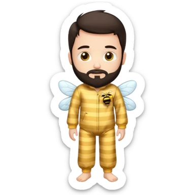 Grown up man with brown eyes, dark brown long hair, white skin, medium beard, full body in cute bee pijama sticker
