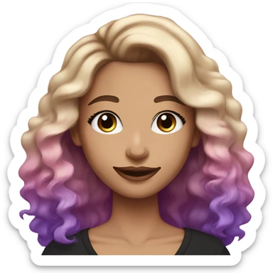 White-skinned adult woman, smiling with makeup, pink and purple glitter on face, blue eyes, long brown-to-blonde ombre wavy hair, ring earrings, black T-shirt. sticker