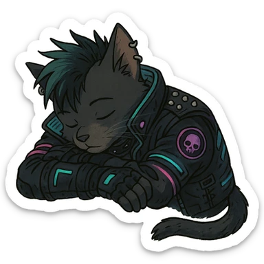  a anthro cat laying down his head to nap, punk gothic style, futuristic cyberwave cyberpunk, sticker