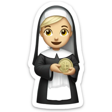 A blonde nun holding a dime 10 cent piece sticker