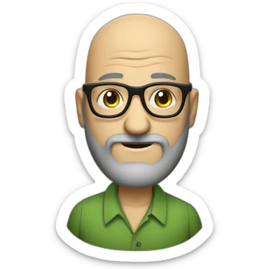 mid aged bald jewish man with a scruff in rectangular black glasses and green button up shirt sticker