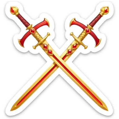Two crossed swords that are golden in blade and handle and have fiery and royal appearence to them as well as red gem stones yellow in color sticker