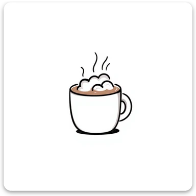 A mug of hot cocoa with marshmallows and steam in pastel colors (dd9fb0, ffc6d3, a3bfc9, c4bee2, f1b091), hand-drawn doodle style sticker