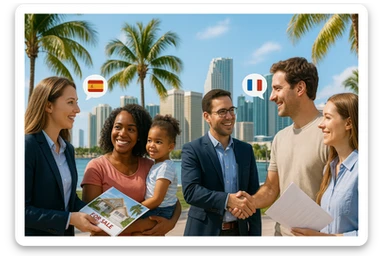 Foto hiper realista que refleje a nuestro cliente ideal de real estate: Profesionales y familias en transición Que desean mudarse a Miami o adquirir una segunda residencia, guiados por un equipo que habla su idioma —literal y figurativamente. sticker