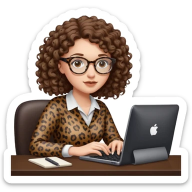 a white young woman with curly brown hair typing in a computer, she's using dark brown leopard glasses and clearly writing something sticker