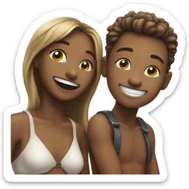 A boy and girl sharing a grin on the beach sticker