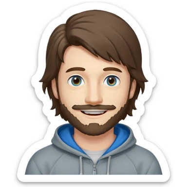 25 year old man, short scruffy beard and thin moustache, brown puffy mullet, blue eyes, big smile, white teeth, big lips, pronounced jaw, hair longer in back, sticking up on top, thin face, grey hooded sweatshirt, pale skin, big smile, blue eyes, puffy hair sticker