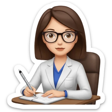 female therapist, brunette, brown eyes, light skin, sitting in a chair with a notepad, wearing glasses sticker