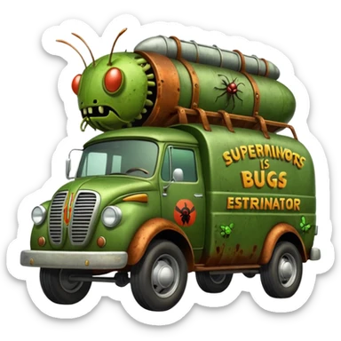 Heroic SuperBug Ron’s exterminator superminator antique tall moving van (motto: Bombing creepy bugs is fun) sticker